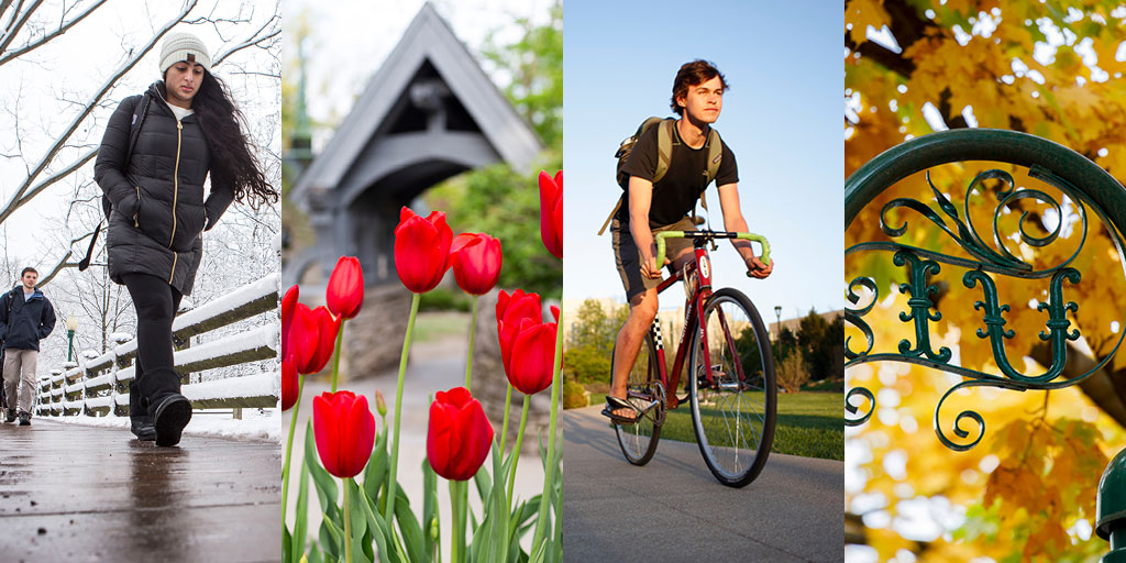 Four images: snowy campus, red tulips, student biking, and yellow leaves and IU ironwork sculpture
